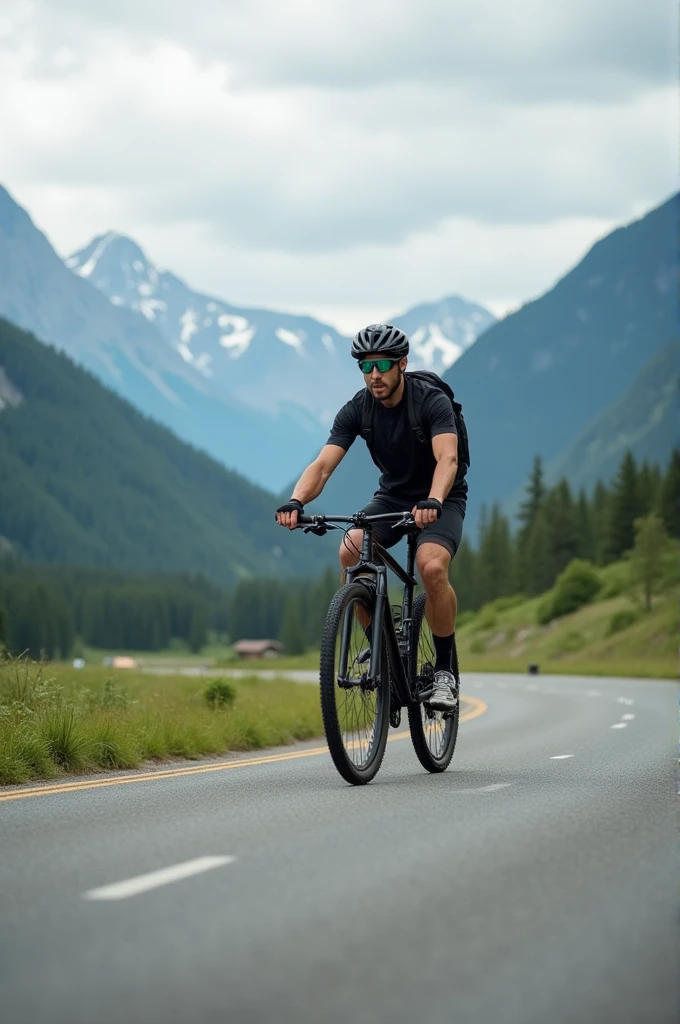 A bike running on a road with a man on it with bikers kit background of mountains