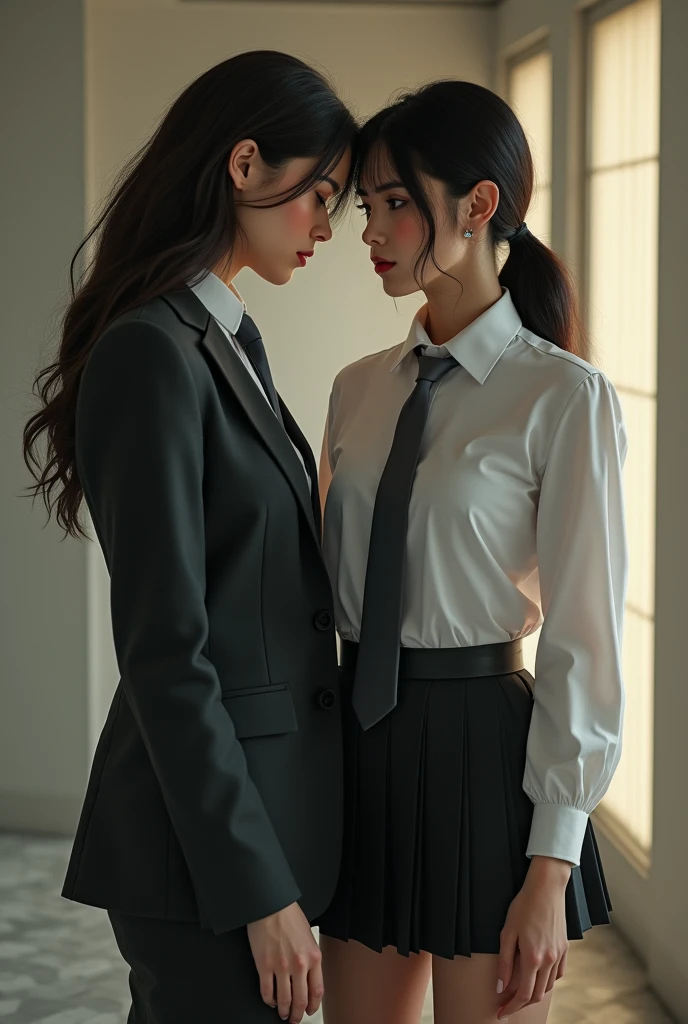 Realistic photo. A beautiful 21-year-old Caucasian woman wearing a business suit is tying up a pretty 18-year-old Caucasian woman wearing a white shirt and a dark-grey tie and a dark-grey pleated miniskirt. 