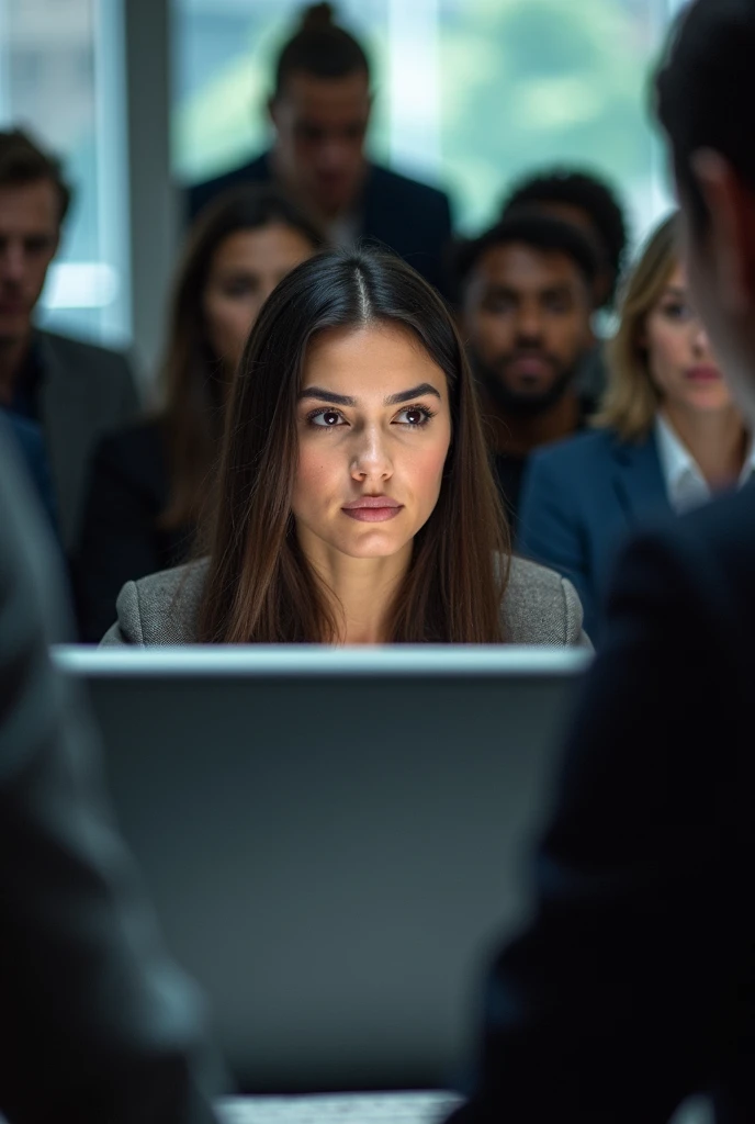 She is sitting at the computer, Everyone surrounded her