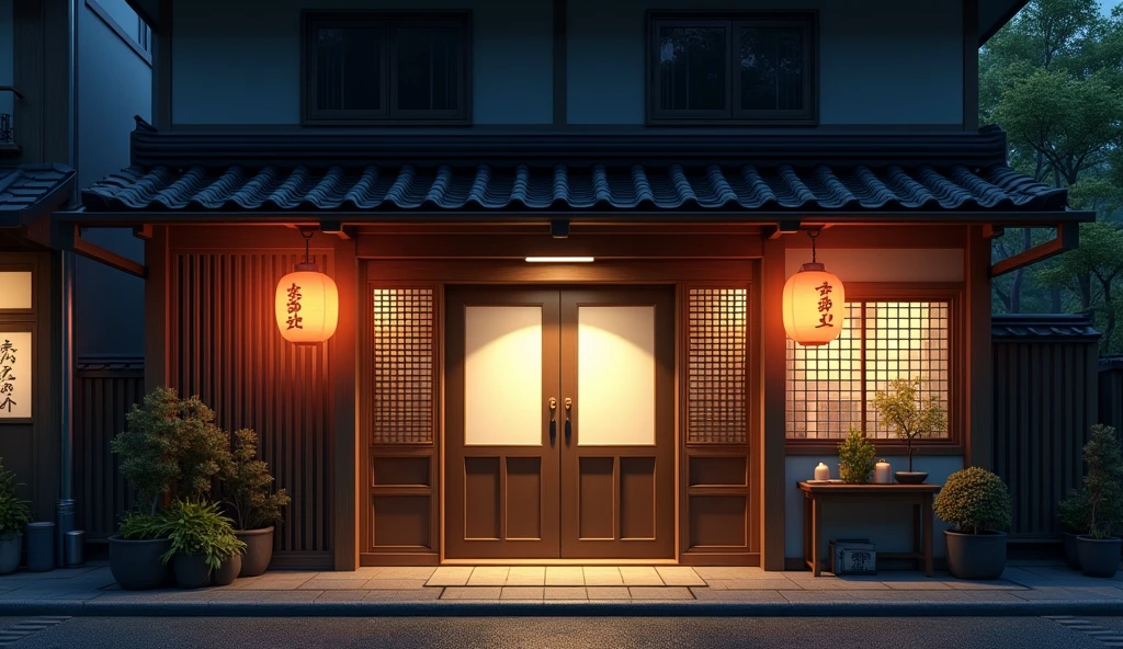 japan, japanese tradicional "horumon" restaurant front view, night, blank board on doors