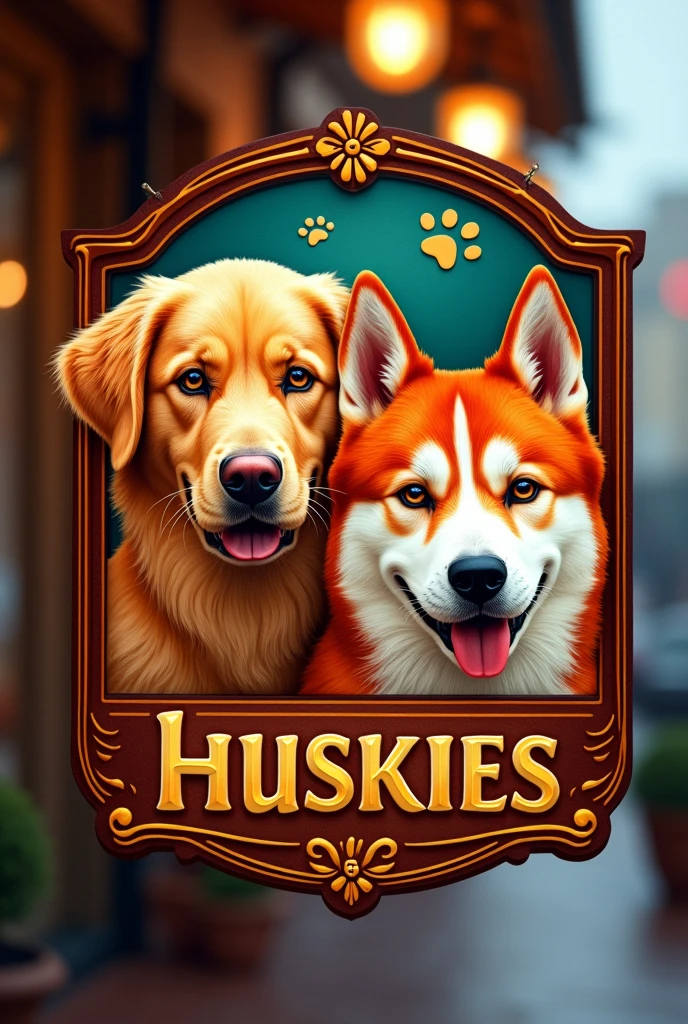 A sign that says Golden Pets Veterinary with the faces of a golden retriever and a red husky