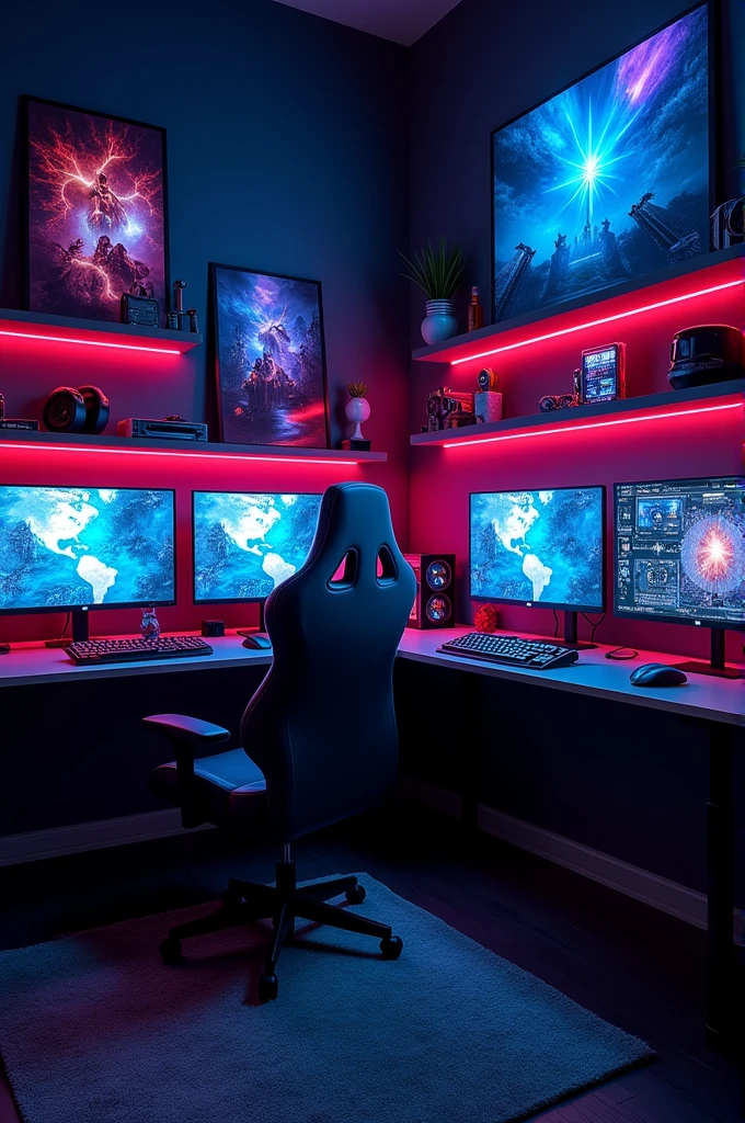Give me a high quality images of a gaming room with 6 to 7 Gaming Pc