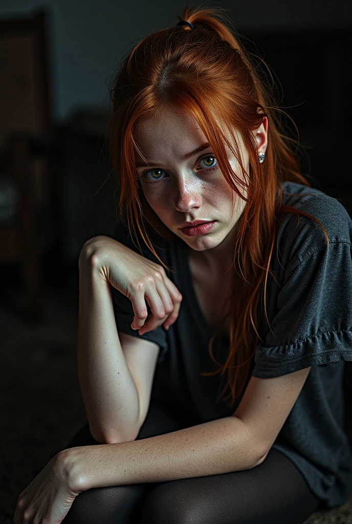 (8k, RAW photo, highest quality),(epic realistic:1.5), a girl, dynamic posture,erotic face,shirt,(detailed eyes:0.8),(looking at the camera:1.4), (highest quality), (best shadow),intricate details,cinematic,((skin:1.4)),interior, (long ponytail ginger hair:1.3),dark studio,(hdr:1.5),detailed, muted colors, freckles, (bright lighting: 0.7), masterpiece, big angle shot, RAW photo (pale 19-year-old Irishwoman, looking up at the viewer) (undressed, disheveled, with bright red matted hair), (sitting), full-length portrait, perfect face, captivating eyes, bright details, pouting lips (high skin detail), freckles, medium breasts, hard nipples (tint: 0.6), (dirty: 0.8), (bloody: 0.7), Key lighting, (backlight: 0.5), medium depth of field, Canon 5D, 50mm lens, f/4 aperture, (ultra-detailed, complex detail), sharp focus, 8k, absurd, 8mm film grain, flirting with camera,sexually