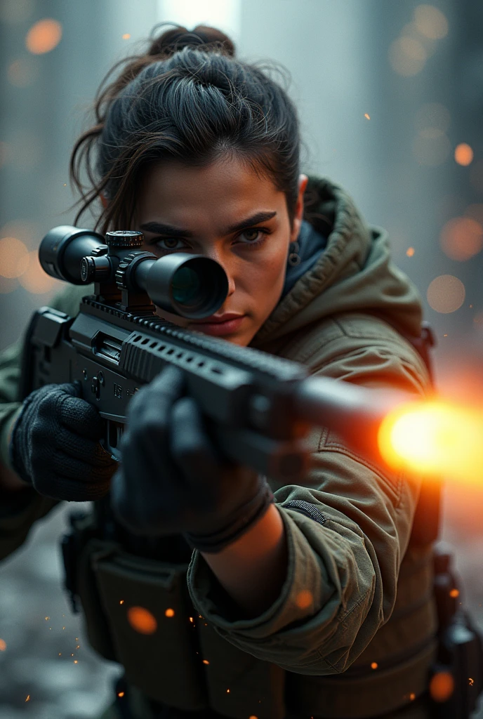 Create a dynamic and intense scene of a sniper firing a shot, with the moment captured in a fusion of realistic and FX elements. The sniper, clad in tactical gear, is positioned in a dramatic stance, with their eye focused through the scope, finger on the trigger. As the shot is fired, incorporate FX elements like a powerful muzzle flash, shockwaves emanating from the barrel, and a glowing, trailing bullet slicing through the air. The background should blur slightly, emphasizing the speed and precision of the shot, while adding subtle details like sparks, particles, and light distortions to heighten the intensity. The entire scene should feel cinematic, with a blend of realism and stylized effects that make the moment feel epic and electrifying