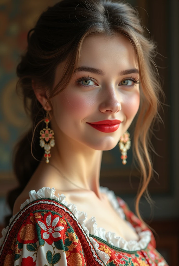 Russian beauty in folk clothes with scarlet lips and a gentle blush. smiling, looking at the camera