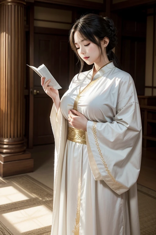 close up on face, Ultra-fine face,femele, China-style, Ancient wind,Hanfu, Stand up, long whitr hair, Delicate clothing patterns, ellegance, opulent, ellegance, double bun hair, Hairline, slanted bangs, shairband, hair adornments,glitters, cinmatic lighting, hyper HD, A high resolution, best qualtiy, 8K, high detal, high qulity, super detailing, anatomy correct, tmasterpiece, ccurate,plump,Landscape painting,Bigchest,Big breasts Thin waist,long leges,Bare breasts