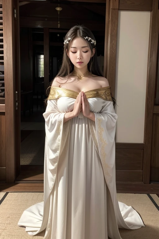 1 female, Various hairstyles,, big ,Large Breasts,Plump,Huge white round breasts, Blindfoldをした女神官は、It is a being that combines holiness and mystery.。Her costume is a sacred robe in white and gold, with intricate embroidery on pure white fabric.,The robe has a loose design that hides the body lines, yet has an elegant flowing silhouette and is long enough to reach the feet.,A decorative vestment is worn across the shoulders and chest, depicting sacred symbols.,Under simple long sleeves, they wear silver bracelets and prayer beads, and in their hands they hold ceremonial staffs and scriptures for prayer.,(((Blindfold)))is her signature element, carefully wrapped in pure white or pale gold cloth.,The fabric is smooth and simple in design, but it reflects light and shines softly, enhancing her divine presence.,Blindfoldによって視覚を奪われていますが彼女の表情は穏やかで落ち着いており内なる力と信仰に満ちています,She stands in prayer pose with her hands clasped over her chest, demonstrating her faith in God.,In the background are temples and sacred altars, and a faint light surrounds her, creating a mysterious atmosphere.,全体的にBlindfoldをしていることで彼女の感覚が研ぎ澄まされより深い信仰と繋がっている様子が表現されています,