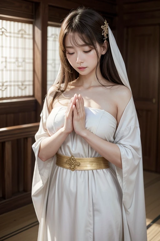 1 female, Various hairstyles,, big ,Large Breasts,Plump,Huge white round breasts, Blindfoldをした女神官は、It is a being that combines holiness and mystery.。Her costume is a sacred robe in white and gold, with intricate embroidery on pure white fabric.,The robe has a loose design that hides the body lines, yet has an elegant flowing silhouette and is long enough to reach the feet.,A decorative vestment is worn across the shoulders and chest, depicting sacred symbols.,Under simple long sleeves, they wear silver bracelets and prayer beads, and in their hands they hold ceremonial staffs and scriptures for prayer.,(((Blindfold)))is her signature element, carefully wrapped in pure white or pale gold cloth.,The fabric is smooth and simple in design, but it reflects light and shines softly, enhancing her divine presence.,Blindfoldによって視覚を奪われていますが彼女の表情は穏やかで落ち着いており内なる力と信仰に満ちています,She stands in prayer pose with her hands clasped over her chest, demonstrating her faith in God.,In the background are temples and sacred altars, and a faint light surrounds her, creating a mysterious atmosphere.,全体的にBlindfoldをしていることで彼女の感覚が研ぎ澄まされより深い信仰と繋がっている様子が表現されています,