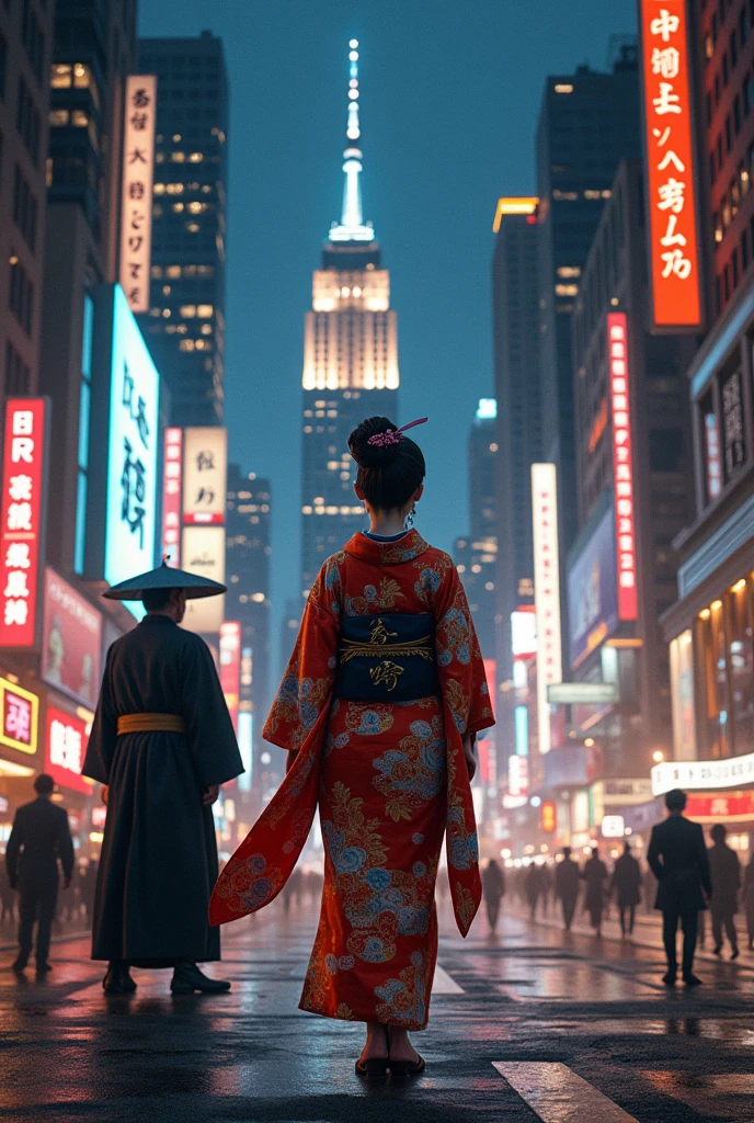 Woman in kimono、Brightly colored kimonos、Samurai waiting for the lady to return、New York City、Brilliant lights at night(Between buildings)、A sigh of relief from the samurai、Back view、