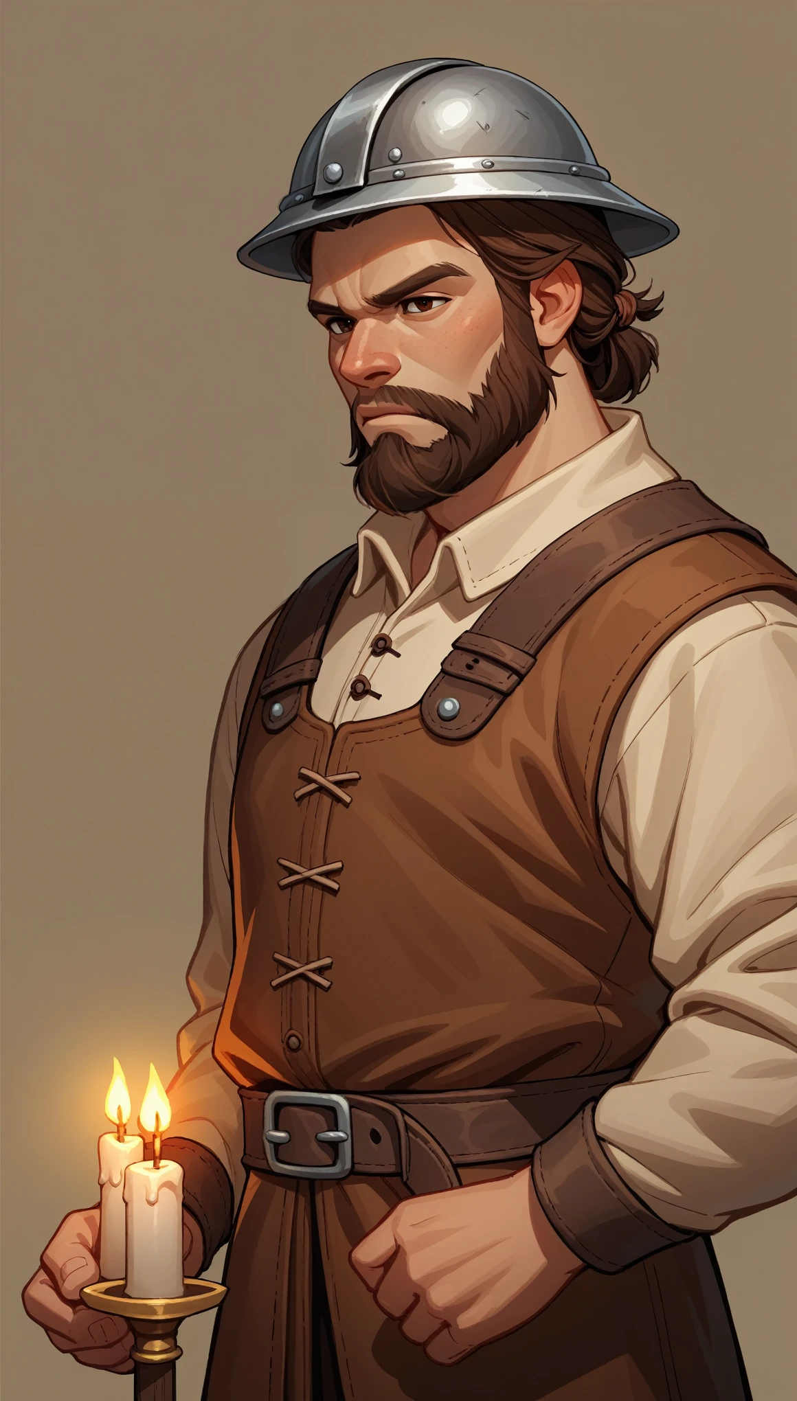 score_9, score_8_up, score_7_up, score_6_up, score_5_up, score_4_up, BREAK source_furry, rating_safety,
Dwarf, small human, male, short height, brown eyes, large beard, (serious face expression), short bulky body, medieval fantasy miner clothes, medieval fantasy miner helmet with candle, solo, simple background