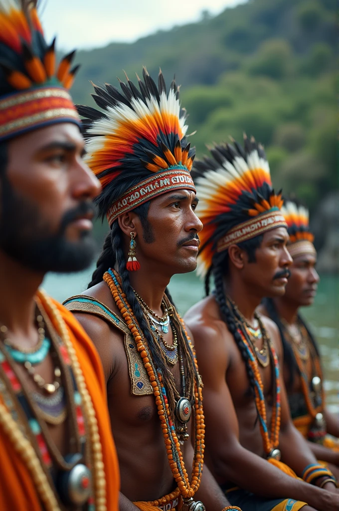 Native American Indian Tribe. Close-up of colorfully dressed native men on the bank of a river