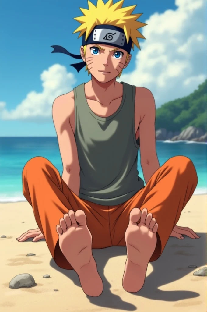 ((masterpiece)) ((of the highest quality)) ((so beautiful)) Realistic animated image in HD quality of Naruto Uzumaki barefoot showing the soles of his feet sitting on the beach, Full length tank top. To be seen from the front, with details of light and shadow, showing the soles of her feet