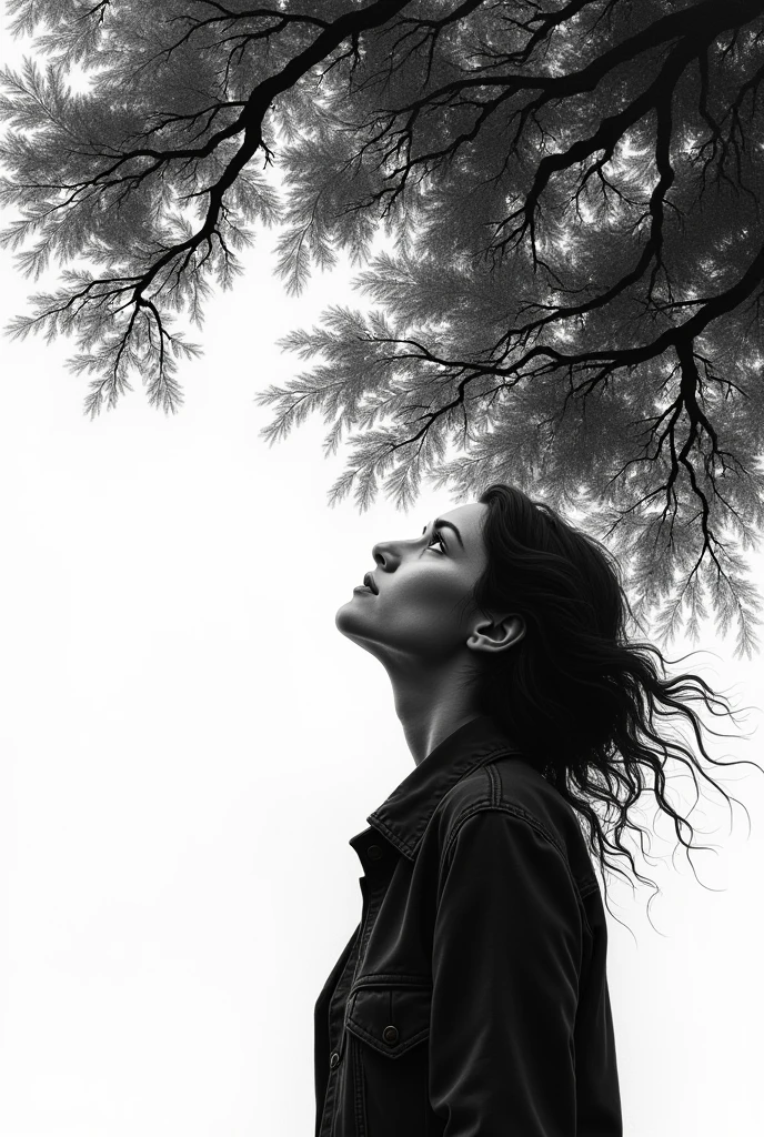 treetops from the ground woman looking up, charcoal drawing, ballpoint pen drawing, detailed lines, digital drawing, 2d, white background, portrait, duotone, character, black and white, tattoo drawing