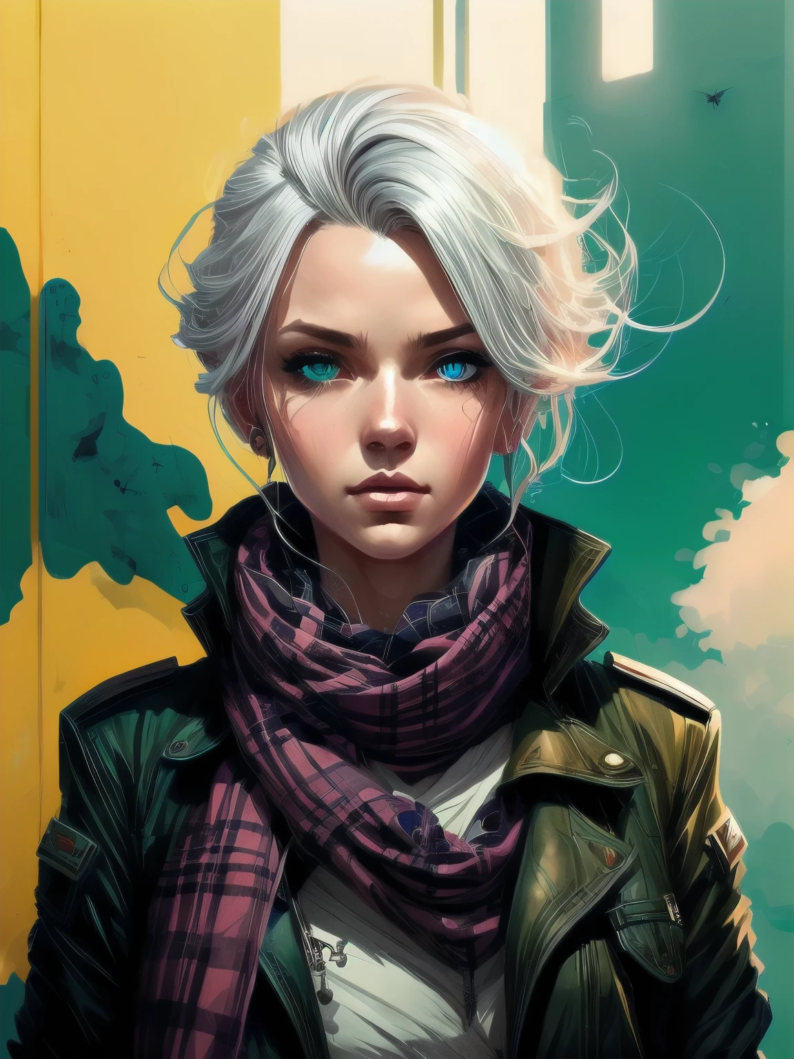 highly detailed portrait of halo, blue eyes, tartan scarf, white hair by atey ghailan, by greg rutkowski, by greg tocchini, by james gilleard, by joe fenton, by kaethe butcher, gradient yellow, black, brown and magenta color scheme, grunge aesthetic!!! graffiti tag wall background