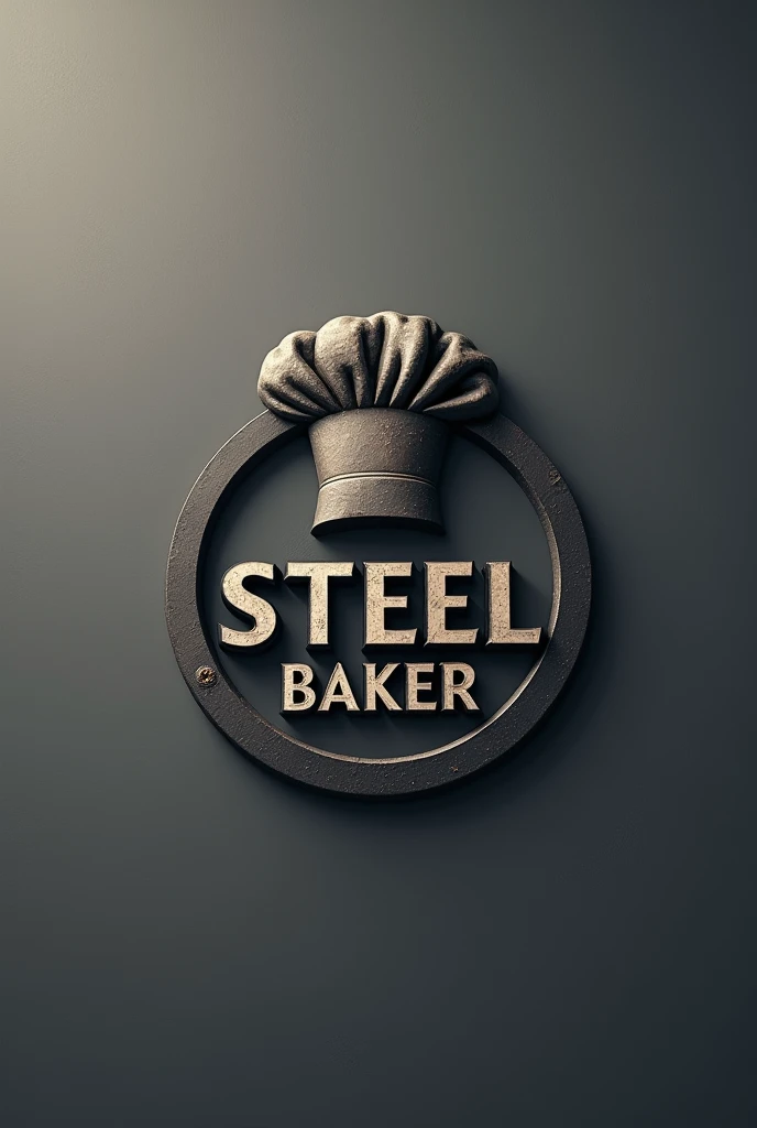 Make a blank logo, gray and black that says "Steel Baker" with minimalist letters that look like ancient symbols, that above the letters there is a baker&#39;s hat and below the letters an Olympic bar 