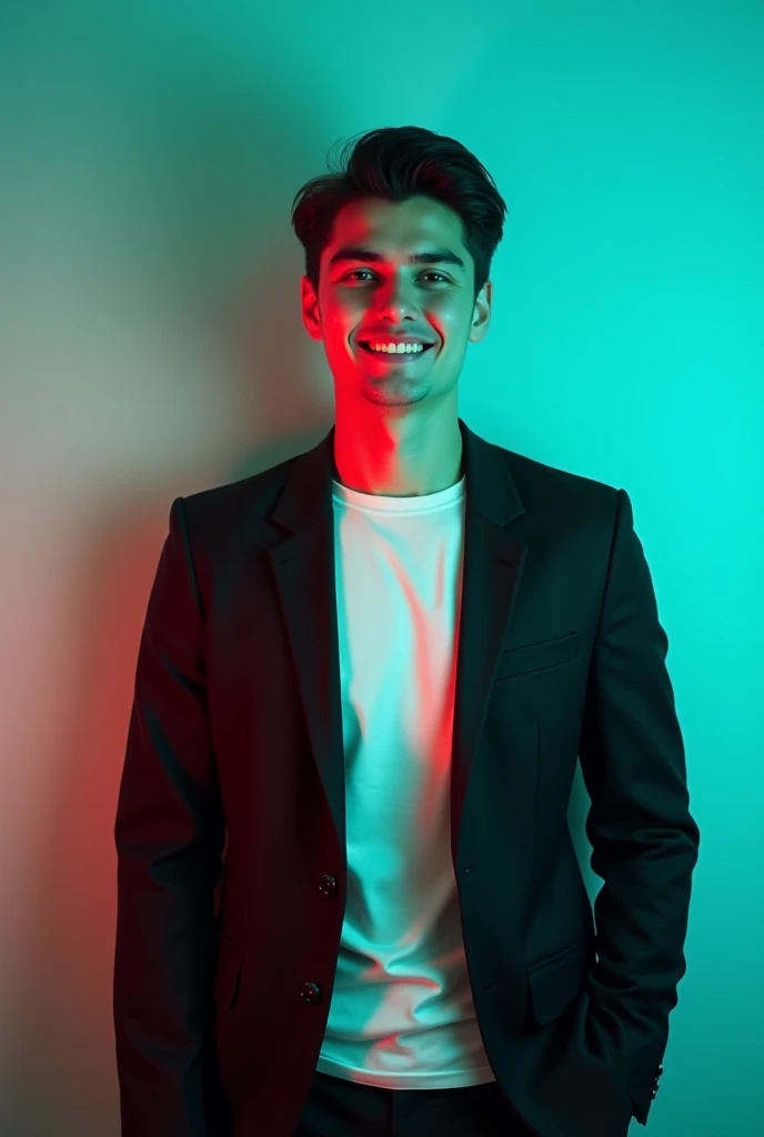 A young Man With Dark hair and a confident smile He is Dressed in a black blazer over a white shirt The man is positioned against aqua colour backdrop with a subtle red lighting on t