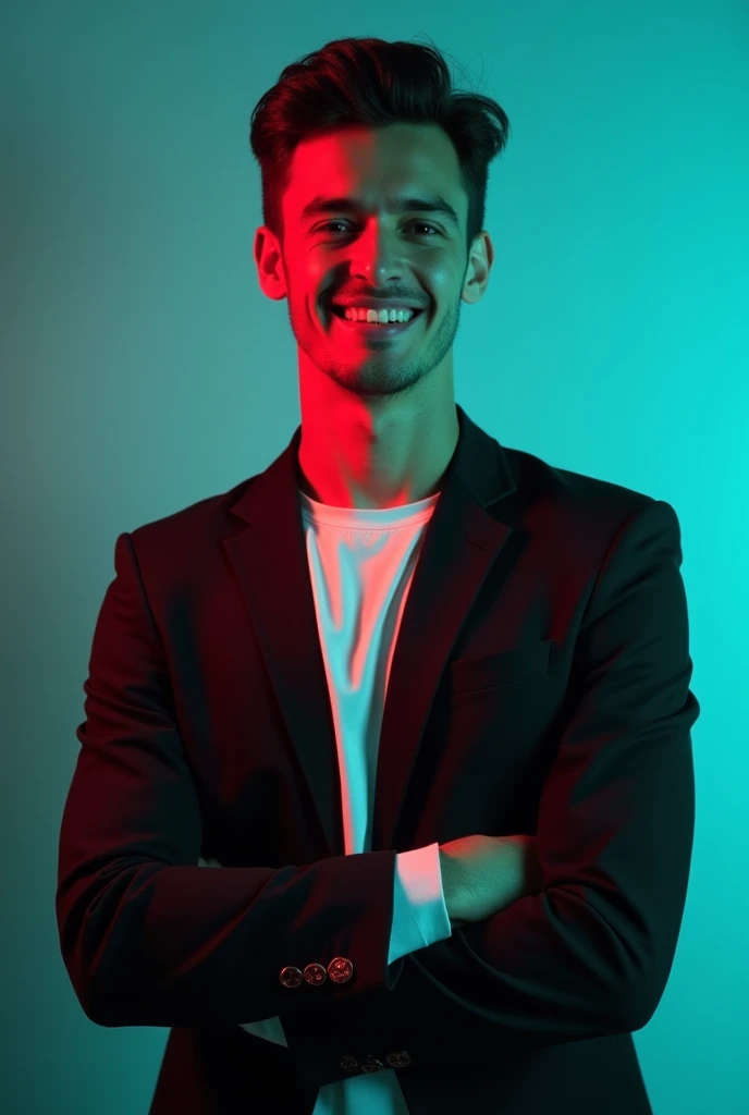 A young Man With Dark hair and a confident smile He is Dressed in a black blazer over a white shirt The man is positioned against aqua colour backdrop with a subtle red lighting on t
