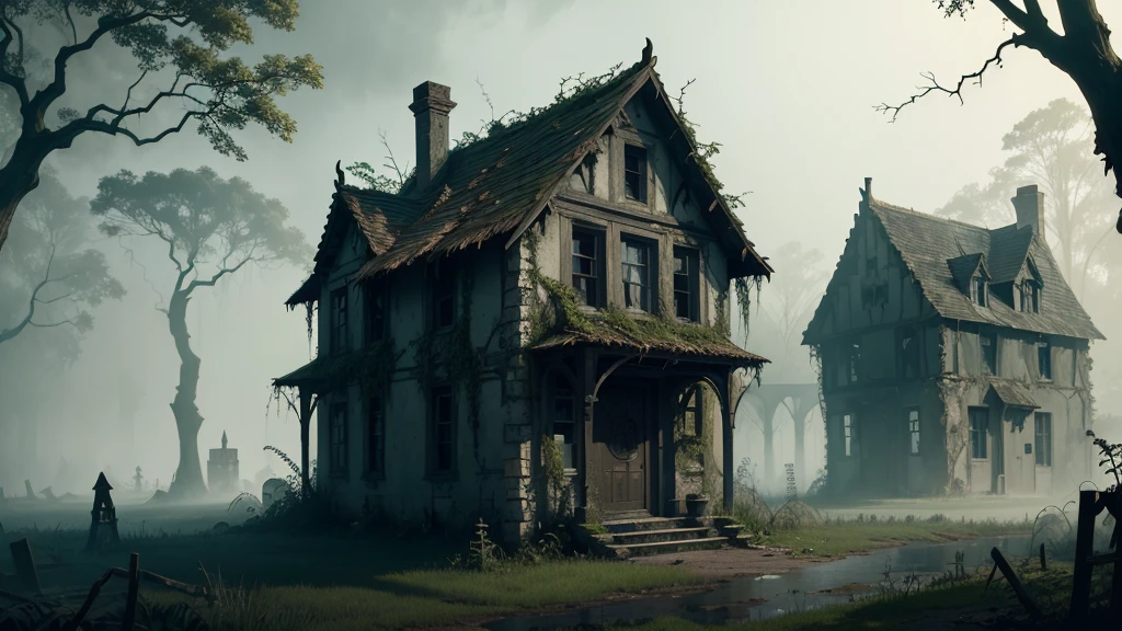  An abandoned village at the edge of a dark, ominous swamp. The buildings are crumbling and overgrown with twisted, thorny vines. Shadows and ghostly apparitions drift through the ruins, and the air is thick with an unsettling mist. In the village square, an old, decaying statue stands as a grim reminder of the village’s dark past.