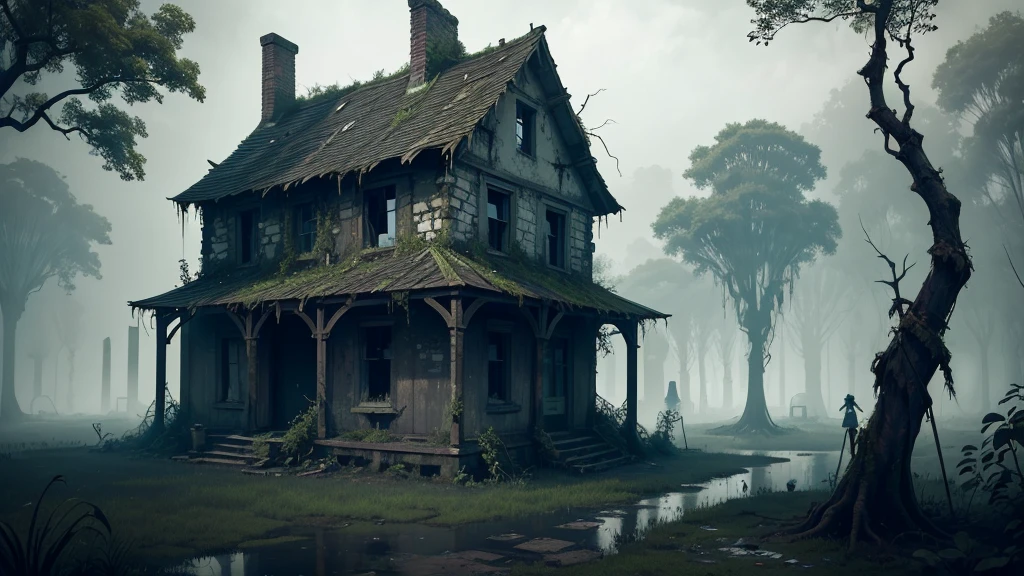 An abandoned village at the edge of a dark, ominous swamp. The buildings are crumbling and overgrown with twisted, thorny vines. Shadows and ghostly apparitions drift through the ruins, and the air is thick with an unsettling mist. In the village square, an old, decaying statue stands as a grim reminder of the village’s dark past.