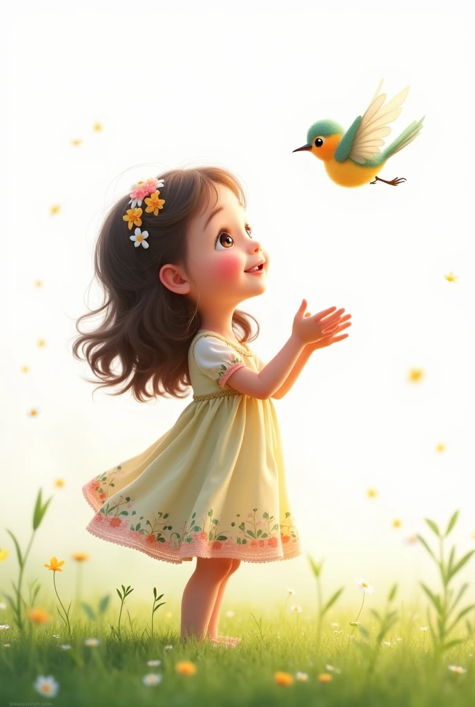 white background,best quality,cute liitle girl standing on grass,she look at the little bird,rais her hands to the little bird,cute little bird flying,cute colorful frock wearing the girl,smiling face