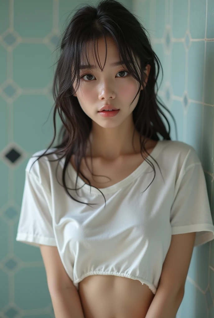 (Best quality, 8k, 32k, Masterpiece, UHD:1.2), NSFW, Korean girl, seductive face, sweating, wet white t-shirt, no bra, indoor, shower, water dripping, front lit, well-lit face, sexy pose, horny looking, wet panties, wet hair