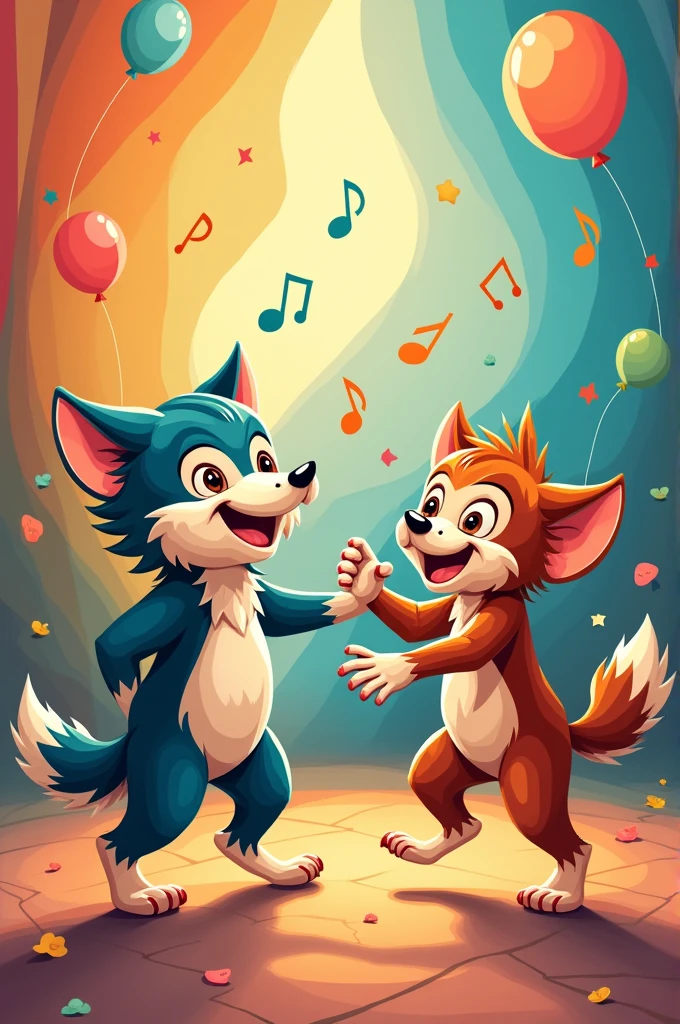 Cartoonic wolves and monkeys dancing