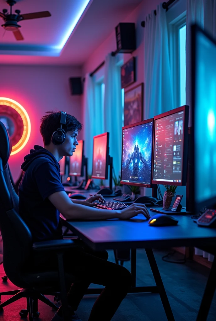 Give me a high quality images of a gaming room with 7 Gaming PC’s