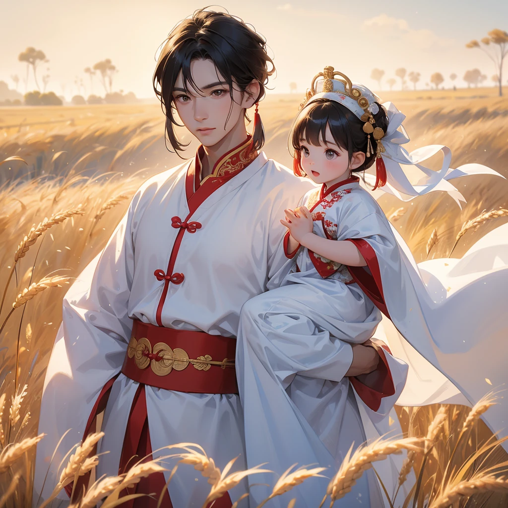 A one-year-old baby boy in an white ancient Chinese baby costume with his beautiful mother, dressed in an ancient Chinese costume, Standing in the middle of a wheat field, There are some floating clouds, playing with each other, with his handsome father standing next to his mother, close up.