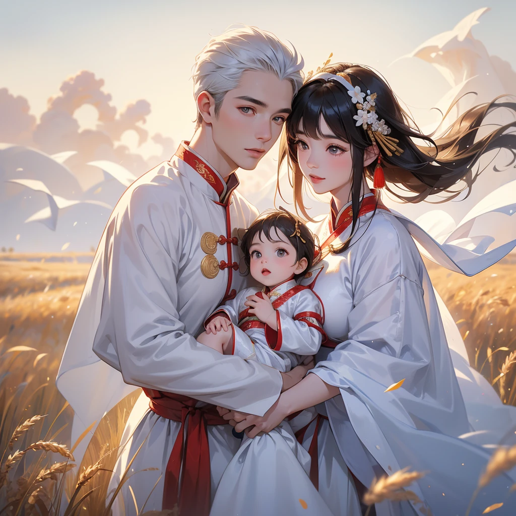 A -yead bab an white ancient Chinese baby costume wiis beautiful mother, dressed in an ancient Chinese costume, Standing in the middle of a wheat field, There are some floating clouds, playing with each other, with his handsome father standing next to his mother, close up.