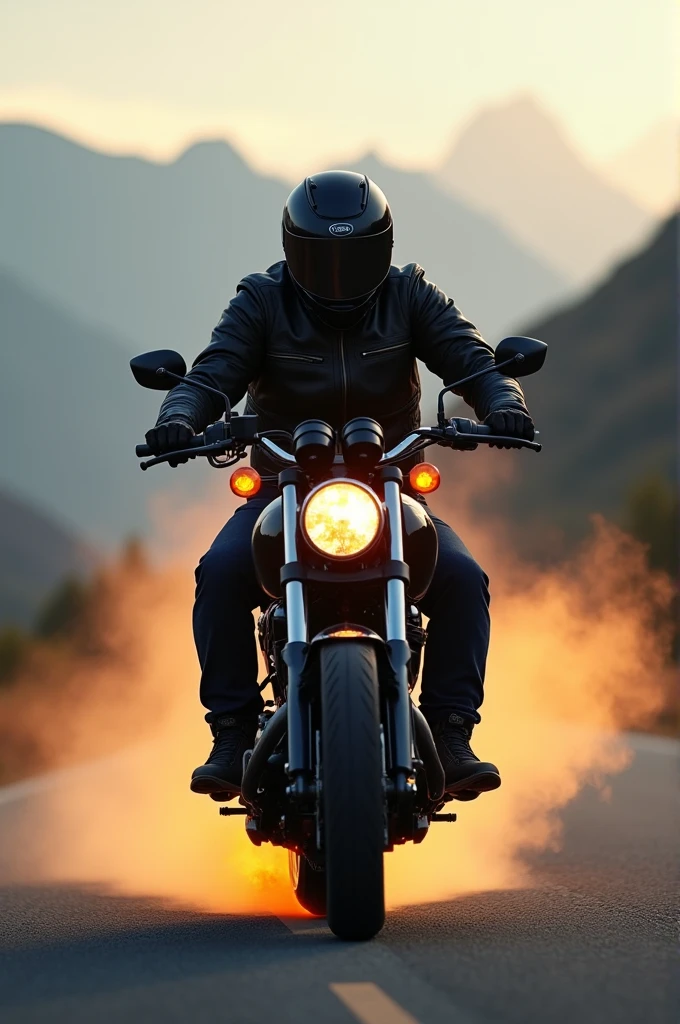 A motor bike running on a road with a man on it with bikers kit background of mountains effects of fire around the man