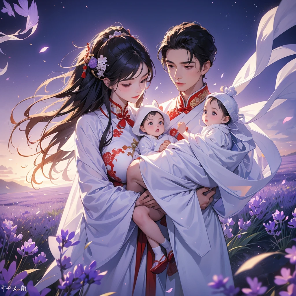 A one-year-old baby boy in an white ancient Chinese baby costume with his beautiful mother, dressed in an ancient Chinese costume, Stroll among the purple lavender fields , There are some floating clouds, playing with each other, with his handsome father standing next to his mother, close up.