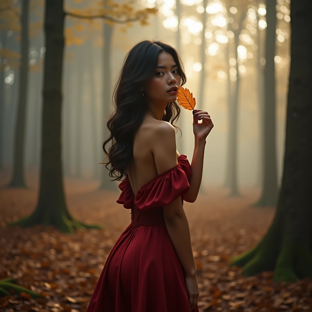generate a master photograph describing a shapely Woman, in the heart of a dense forest during early autumn, (8K, best quality), she has a physique like Zendaya, smile, brown hair, black hair, asian skin (big chest, small tiny waist, big breasts), stunning young woman stands in a misty autumn forest during early morning. The dense fog weaves between the tall trees, creating an ethereal and mysterious atmosphere. She is wearing a deep red, off-the-shoulder gown that contrasts beautifully with the surrounding nature. Her hair is styled in loose waves that frame her face, and she holds a single, delicate autumn leaf close to her lips as she gazes thoughtfully into the distance. The soft morning light adds a gentle glow to her skin, enhancing the serene and captivating mood of the scene, (She has sexy buttocks, Most sexy booty, Most sexy glutes), Womanly, Womancore, (She has fit hips, sexy hips, sexy fit hips, extremely sexy hips), (asian skin, glistening skin, beautiful complexion), shot on Fujifilm superia, (Studio soft light, high detail, cinematic lighting, rim lighting), Style: (hyperrealistic, by DynastySeries FashionNova, photo, {{{masterpiece photography}}}, analog photograph, professional fashion photoshoot, trending on artstation, synthwave, krrrsty), Quality: (photographed, masterpiece, highest resolution), Definition: (highres, sharp focus, 8k uhd, ultra photo-realistic resolution), Film: (80 mm, shot on portra 120, shot on Fujifilm), Resolution: (extremely detailed, (sharp focus:1.5), cinematic lighting, dramatic lighting, ultra photo-realistic), luxury:
