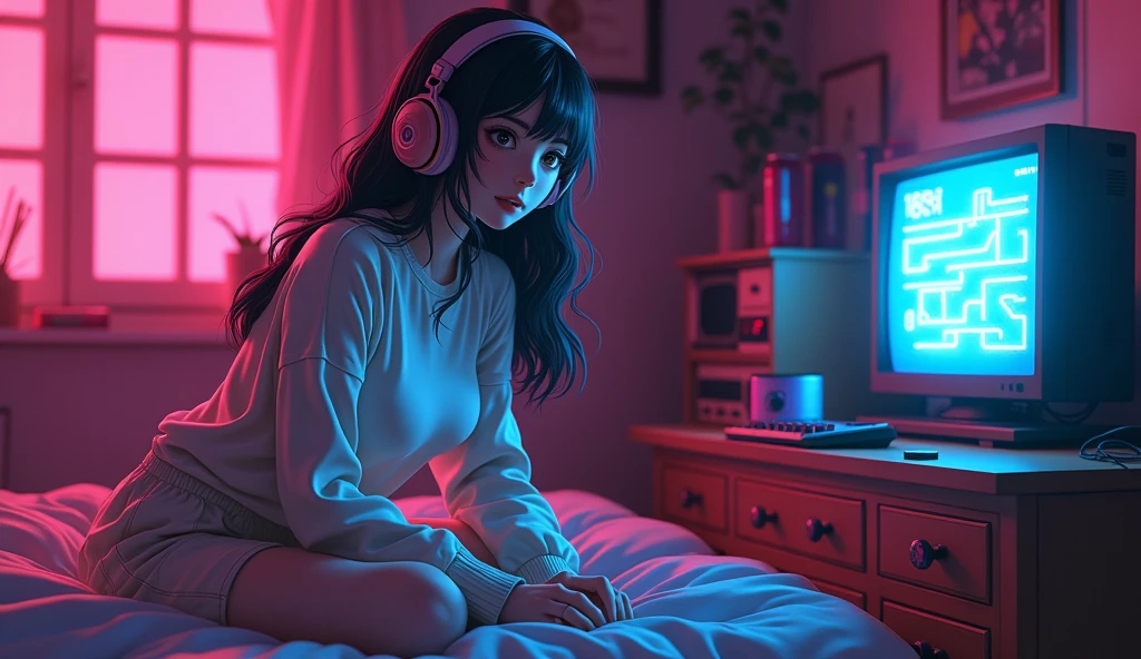 Perfect image, 8k, Gaming Chair、A high school girl playing a rhythm game in her dimly lit room、 Loungewear、Big Breasts、Using headphones, 2D-style animation, Lo-Fi、night、Energy Drinks、Retro、Anime style illustrations