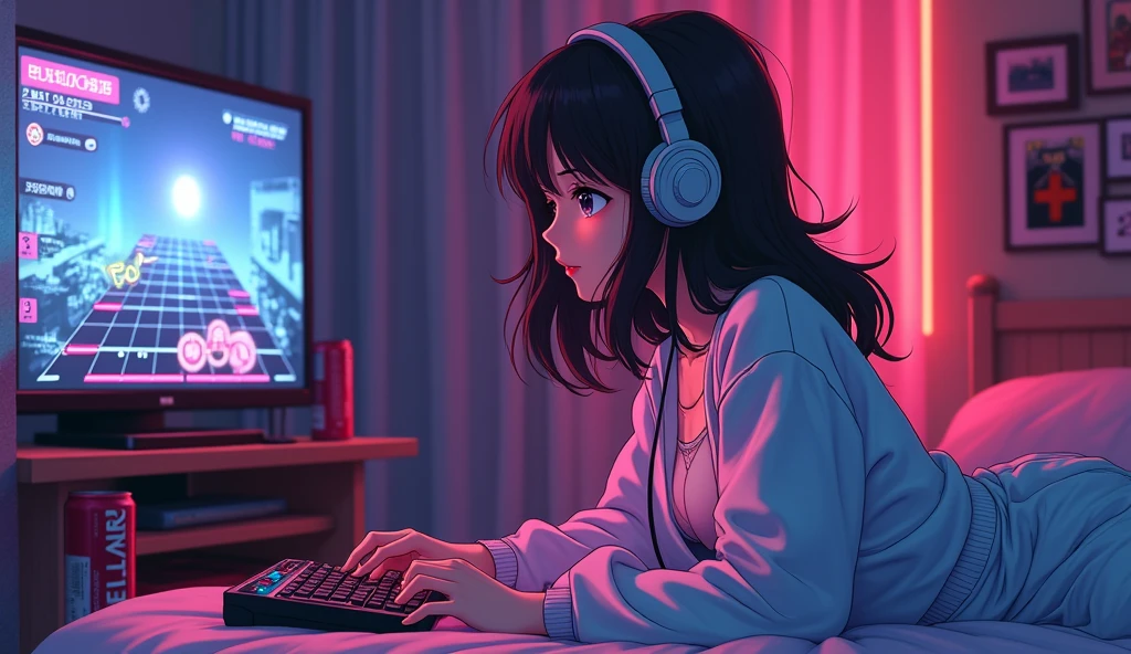 evening、High school girl listening to music in a cozy cafe、Big Breasts、 Use headphones, 2D Style Anime, Lo-Fi, Dimly lit environment、coffee、Working on a Macbook、concentrated、Retro