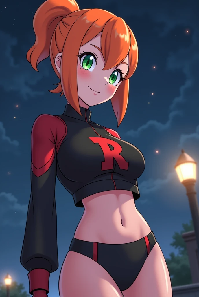 High resolution,8K
(Misty_Pokemon)(18-year-old girl)
(,Orange Hair,one side up hair,Big green eyes,Small breasts,Skinny, girl attractive, cute smile)
(,Belly button exposed) team rocket uniform, red letter R, black skirt,white crop top,black thigh-highs,black elbow gloves, looking down on viewer, cowboy shot, posing, night sky background