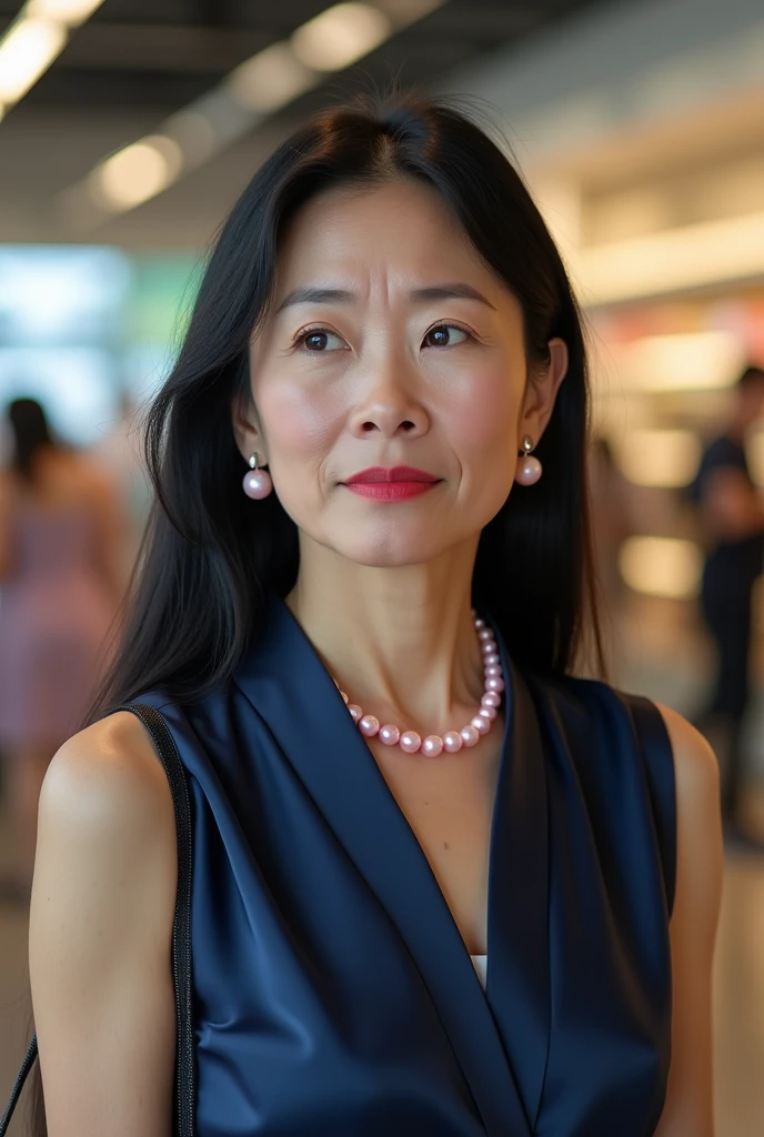 53-year-old Japanese housewife, shopping, facing forward and looking at the camera, full-body, long straight black hair with expensive earrings, subtle wrinkles at the corners of her eyes, gentle features accentuated by bright red lipstick, wearing a pink pearl necklace and a sleeveless navy blue satin ribbon blouse, with a sad expression, photographed in high resolution