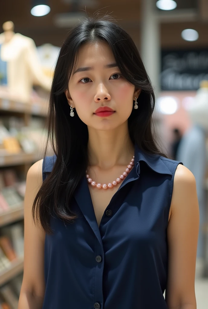 53-year-old Japanese housewife, shopping, facing forward and looking at the camera, full-body, long straight black hair with expensive earrings, subtle wrinkles at the corners of her eyes, gentle features accentuated by bright red lipstick, wearing a pink pearl necklace and a sleeveless navy blue satin ribbon blouse, with a sad expression, photographed in high resolution