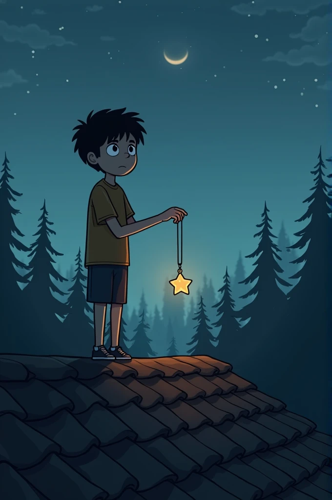 A sad boy and a star that gives him a pendant are on top of the roof with the forest in the background 