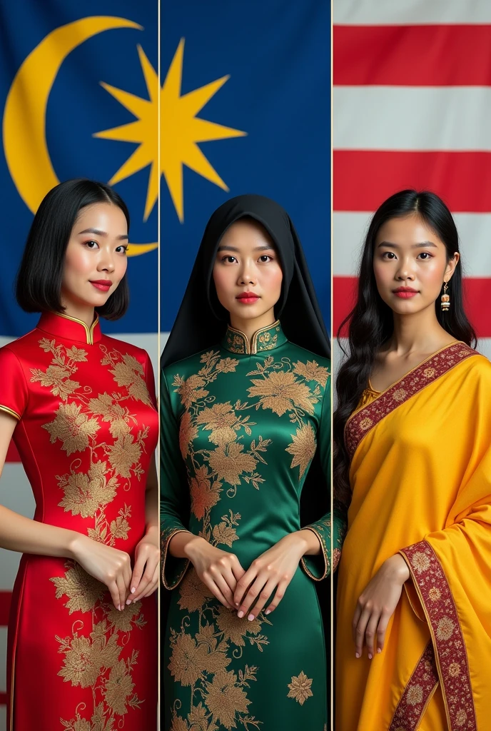 Generate three different and separate panel of three woman in different races and cloth. First panel is a chinese woman with short hair wearing an intricate cheongsam in red, second panel is a malay woman wearing black hijab and an intricate green beautiful baju kurung, the third panel is an indian girl with her skin a little toned with long hair dressed up wearing a yellow saree. A malaysia flag as the background with seven stripes of red, seven stripes of white, a crescent moon and thirteen vertex stars in yellow with blue color in the background. Very-detailed, ultra-sharp, surrealism. 