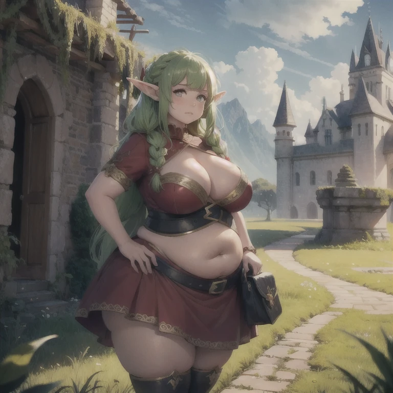 (Best quality), (high resolution), (detailed),1woman, chubby elf girl, clothes, dark fantasy, two braids, shy pose, bloated belly, red dress, standinf infront of elven castle