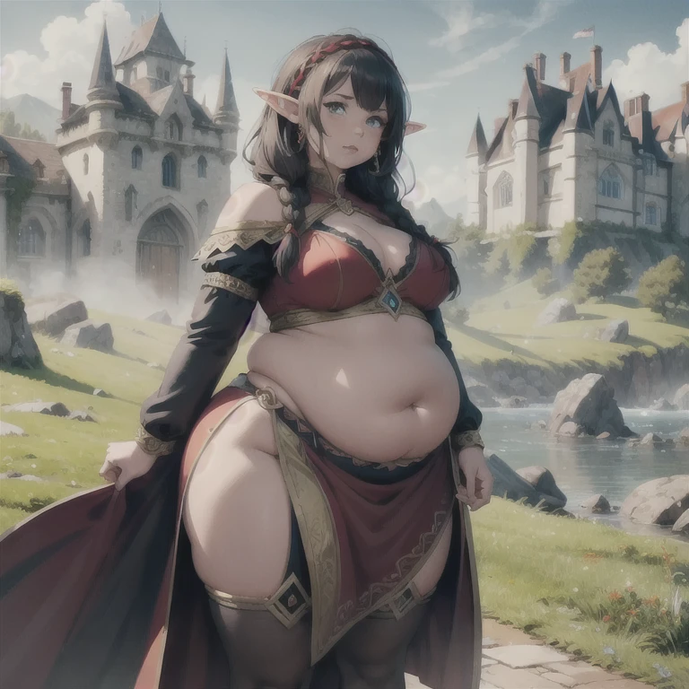 (Best quality), (high resolution), (detailed),1woman, chubby elf girl, clothes, dark fantasy, two braids, shy pose, bloated belly, red dress, standinf infront of elven castle