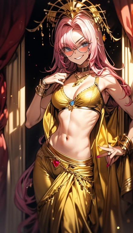 A smug narcissistic pink haired woman wearing a golden bra and golden pants and lots of jewelry flaunting herself