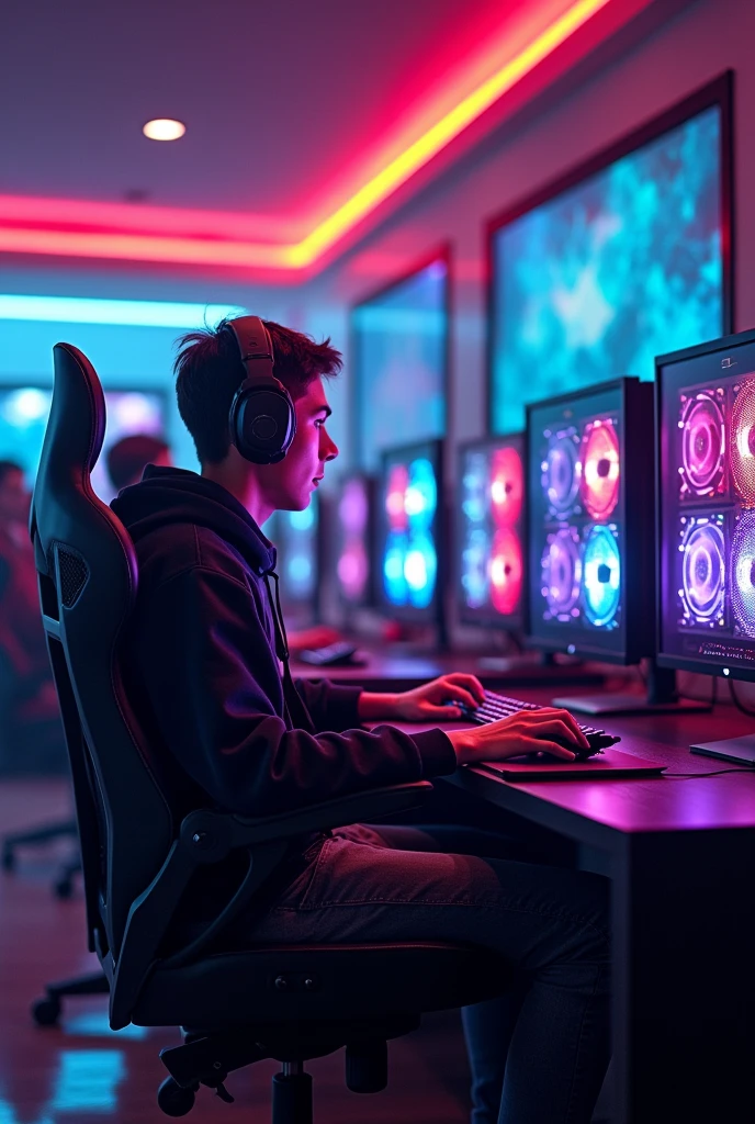 Give me a high quality images of a gaming room with 7 Gaming PC’s with 7 guys