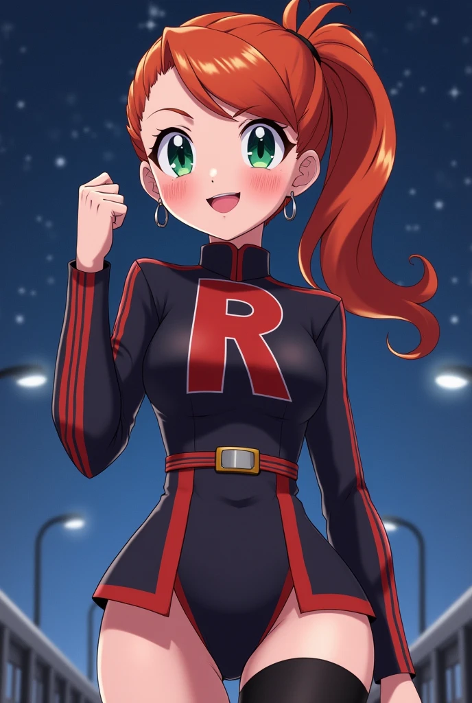 High resolution,8K
(Misty_Pokemon)(18-year-old girl)
(,Orange Hair,one side up hair,Big green eyes,Small breasts,Skinny, girl attractive, cute smile)
(,Belly button exposed) team rocket uniform, red letter R, black skirt,white crop top,black thigh-highs,black elbow gloves, looking down on viewer, cowboy shot, posing, night sky background