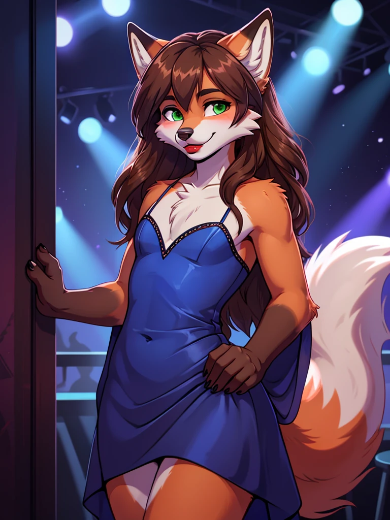 Best quality, furry male fox with green eyes, with brown long hair, with black spout, with red lipstick on lips, big lips, in a blue dress, crossdressing, shy, bare chest, flirts, sexy pose, portrait, against the backdrop of an empty nightclub