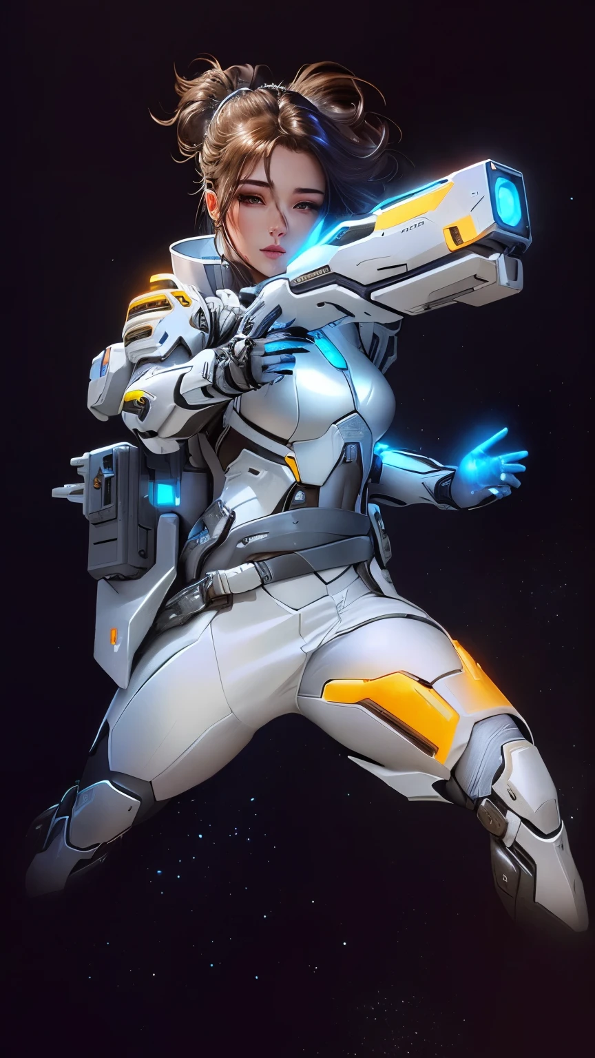 A man in a white suit、Close-up of woman holding, echo Overwatch sci-fi character art, Wearing sci-fi military armor, Sci-fi characters Sci-fi soldiers, Sci-fi suit,Dressed in futuristic white armor，Cyberpunk Girl，Bird&#39;s-eye view，Armed with a firearm， Fighting Stance,Caucasian，Cheerful，Looking back at the battlefield in the distance，Wearing a mecha suit，Beauty，High-definition quality，High-quality posters，8k，, 3D rendered character art