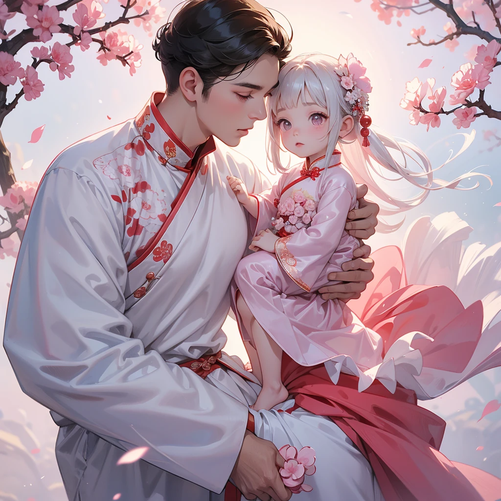 A -yead bab an white ancient Chinese baby costume wiis beautiful mother, dressed in an ancient Chinese costume, Standing in the middle of pink carnations, There are some floating clouds, playing with each other, with his handsome father standing next to his mother, close up.