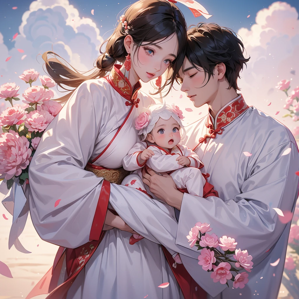 A one-year-old baby boy in an white ancient Chinese baby costume with his beautiful mother, dressed in an ancient Chinese costume, Standing in the middle of pink carnations, There are some floating clouds, playing with each other, with his handsome father standing next to his mother, close up.