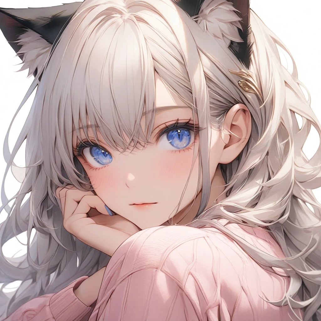 high resolution, details, Masterpiece, Anatomically correct, best quality, long hair, white hair, Messy hair style, 1 girl, Hair highlights, full bangs,Uneven hair, big breasts, cat ears, Cover ears,  blue eyes,Cat pupil, shy, The left and right eyes are different colors., simple background, Close-up photography, Anime style, oversize shirt, pink cardigan
