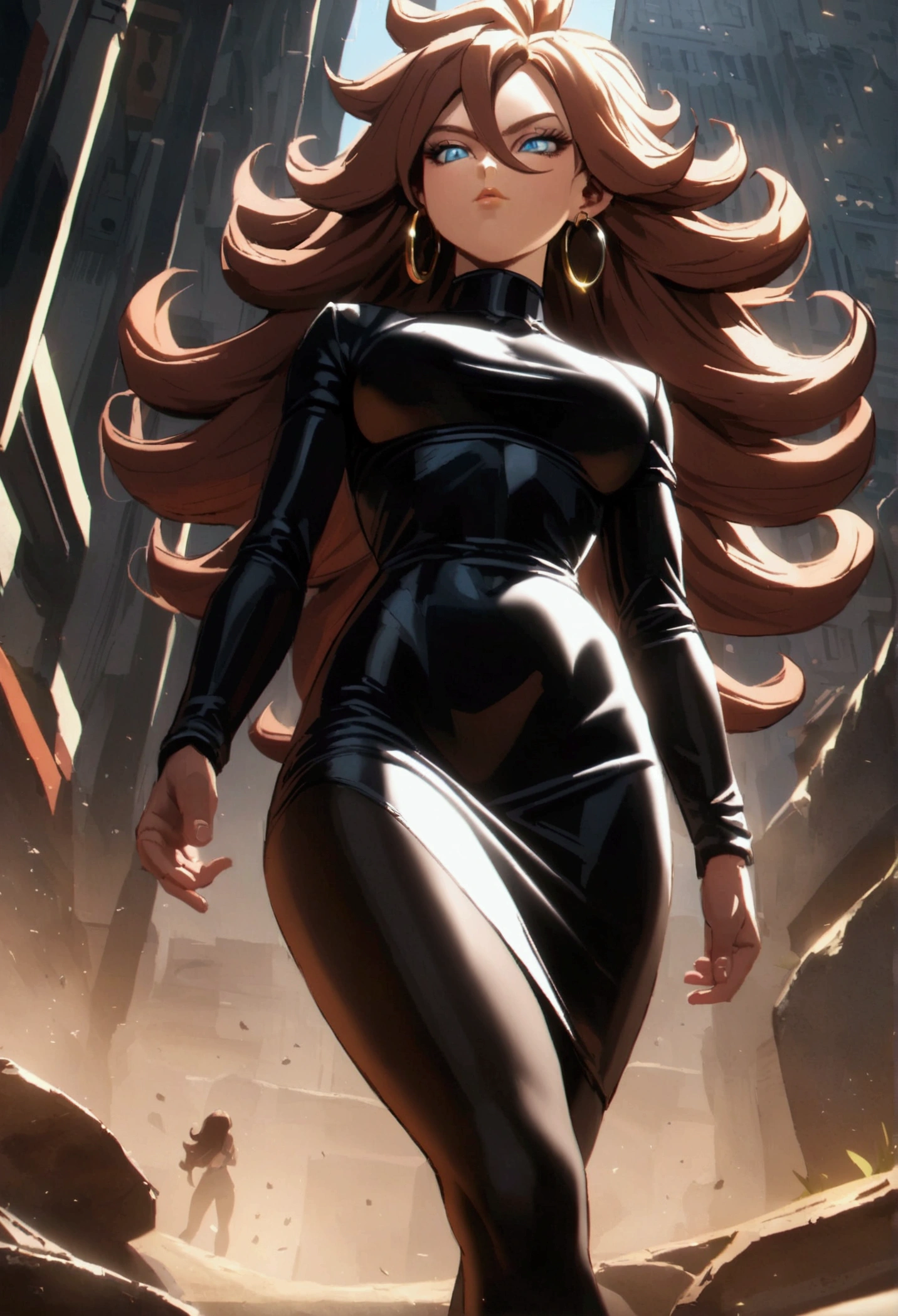 Android 21 from dragonball brown hair, long hair, curly hair, blue eyes, hoop earrings, black pantyhose,  black bodycon dress, turtle neck,
